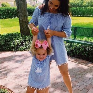 Mommy and me off the shoulder seersucker dress